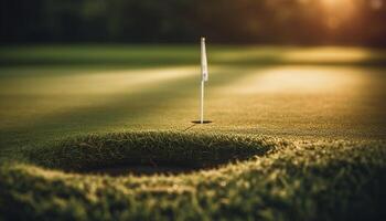 zonovergoten golf bal Aan groen gras, gat in een gegenereerd door ai foto