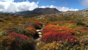 majestueus berg piek, levendig wilde bloemen bloesem gegenereerd door ai foto