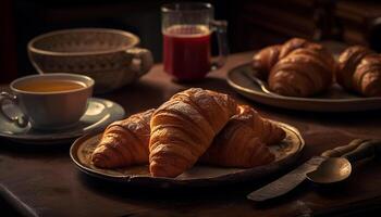 vers gebakken croissant en koffie Aan tafel gegenereerd door ai foto