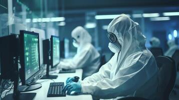 wetenschapper vervelend gezicht masker in uniform werken Aan hun computers in groot modern laboratorium, generatief ai foto