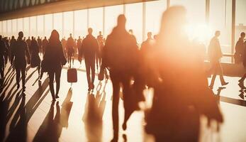 menigte van mensen wandelen in luchthaven snel in beweging met zon verlichting achtergrond, generatief ai foto