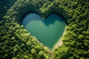 hartvormig vijver in de centrum van een dicht Woud, gevangen genomen van een antenne visie. de vijver is omringd door weelderig groen en bomen, de water in de vijver is kalmte en reflecterend.generatief ai. foto