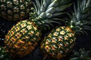 achtergrond gevulde met rijp ananas. de gouden geel fruit zijn genesteld nauw samen, water druppels vastklampen naar de oppervlakte van de ananas, generatief ai foto