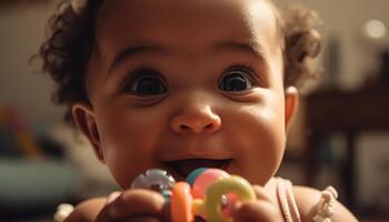 vrolijk baby meisje spelen met multi gekleurde speelgoed- gegenereerd door ai foto