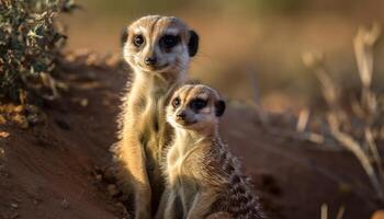 klein meerkat op zoek alert, staren Bij de camera gegenereerd door ai foto