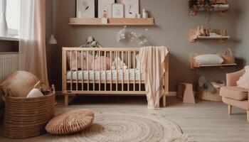 knus kinderkamer met schattig speelgoed- en comfortabel beddengoed gegenereerd door ai foto