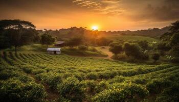 zonsondergang over- landelijk boerderij, weide gloeiend met zonlicht gegenereerd door ai foto