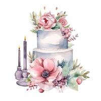 waterverf bruiloft taart met bloemen. illustratie ai generatief foto