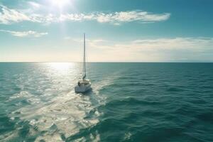 zeilboot in de zee. mooi zeegezicht. 3d weergave, een klein jacht sierlijk het zeilen Aan de rustig wateren van een mooi oceaan Aan een zonnig dag, ai gegenereerd foto