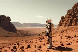 astronaut in wadi rum woestijn, Jordanië. gemengd media, astronaut Aan Mars staand en op zoek uit Bij de lucht, ai gegenereerd foto