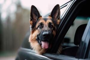 Duitse herder hond op zoek uit van een auto venster, Duitse herder hond zittend in een auto. selectief focus Aan de hond, ai gegenereerd foto