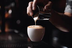 barista gieten melk in kop van koffie, detailopname. barista maken cappuccino, een planetair systeem en ruimte met sterren, ai gegenereerd foto