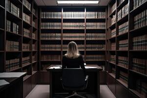 achterzijde visie van een vrouw zittend Bij de tafel in de bibliotheek, een vrouw advocaat zittend vol vertrouwen ondergedompeld in wettelijk werk, ai gegenereerd foto