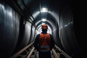 portret van een bouw arbeider staand in een tunnel Bij nacht. een ingenieur achterzijde visie werken in voorkant van staal pijpen , ai gegenereerd foto