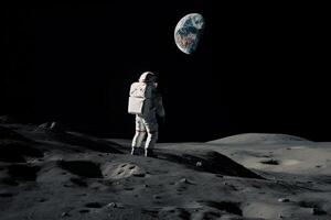 astronaut Aan de maan oppervlak. gemengd media. gemengd media, een astronaut staat Aan de oppervlakte van de maan en op zoek Bij aarde, ai gegenereerd foto