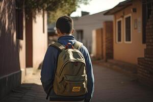 terug visie van een jong Mens met een rugzak wandelen Aan de straat. een tiener- leerling draag- een school- rugzak, ai gegenereerd foto