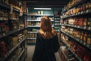 een jong vrouw in een zwart jas is op zoek voor voedsel in een supermarkt. een vrouw vol achterzijde visie boodschappen doen in een voedsel winkel, ai gegenereerd foto