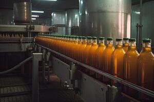 bottelen lijn van oranje sap in flessen Bij een modern drank fabriek. een drank fabriek fabriek interieur visie met een transportband systeem, ai gegenereerd foto