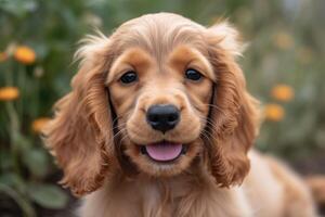 cocker spaniel puppy in de tuin Aan een zonnig dag. ai gegenereerd foto