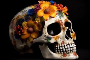 dia de los muertos, dag van de dood, met suiker schedel, kleurrijk portret van een schedel en bloemen, ai gegenereerd foto