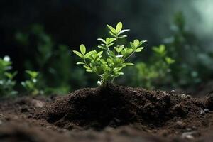 groen fabriek groeit in mooi zo bodem. jong fabriek groeit in zonlicht van de grond, macro fotorealistisch illustratie. natuur biologisch. ai gegenereerd illustratie foto