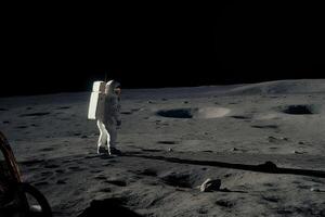 astronaut Aan de oppervlakte van de maan. ruimte verkenning. een astronaut staat Aan de oppervlakte van de maan en op zoek Bij aarde, ai gegenereerd foto