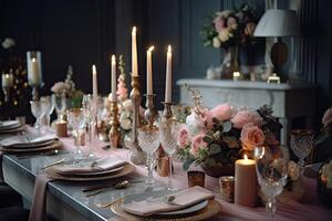 elegant tafel instelling met kaarsen, bloemen, en bestek, een prachtig versierd dining tafel met bruiloft decor en middelpunten. ai gegenereerd foto