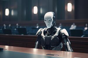 humanoid robot zittend Bij de tafel in een rechtszaal of wet handhaving kantoor, een futuristische ai robot rechter in een gerechtsgebouw, ai gegenereerd foto