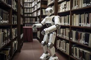 robot in een bibliotheek. onderwijs concept. 3d weergave. een ai robot bibliothecaris kous boeken in een bibliotheek, ai gegenereerd foto