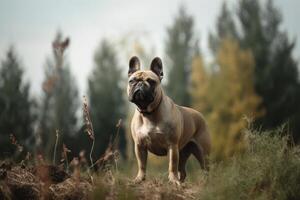 Frans bulldog staand Aan een rots in de herfst Woud. portret van een rasecht hond. ai gegenereerd foto