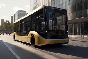 modern bus in de stad. 3d weergave. perspectief visie. een futuristische robot het rijden een bus , ai gegenereerd foto