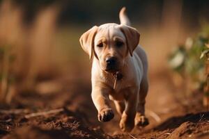 labrador retriever puppy rennen in de veld- en op zoek Bij camera ai gegenereerd foto