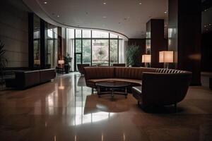 interieur van de hotel lobby met banken en fauteuils, een luxueus hotel lobby interieur met een comfortabel en elegant aan het wachten Oppervlakte, ai gegenereerd foto