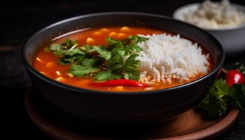 gezond vegetarisch soep met vers groenten en kruiden in serviesgoed gegenereerd door ai foto