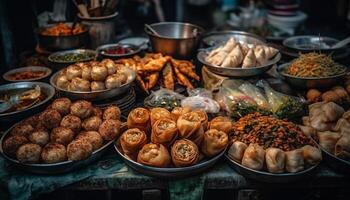 Chinese cultuur aanbiedingen een variatie van vers, pittig straat voedsel gegenereerd door ai foto