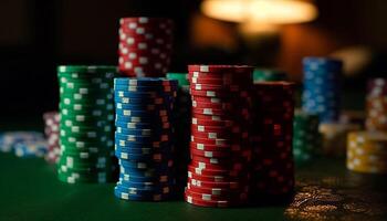 gestapeld het gokken chips Aan groen voelde tafel signaal succes en risico gegenereerd door ai foto