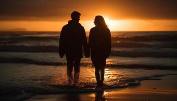 romantisch paar omarmt in verlicht zonsondergang, genieten van natuur schoonheid gegenereerd door ai foto