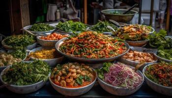 vers zeevruchten salade met multi gekleurde groenten en oosten- Aziatisch specerijen gegenereerd door ai foto