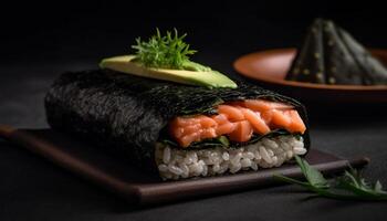 vers zeevruchten maaltijd Aan bord met rijst, sashimi en groenten gegenereerd door ai foto