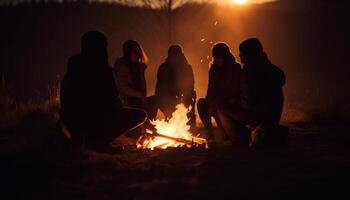 groep zittend door kampvuur, genieten van natuurlijk fenomeen en saamhorigheid gegenereerd door ai foto