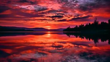 levendig zonsondergang weerspiegelt rustig schoonheid in natuur over- berg reeks gegenereerd door ai foto