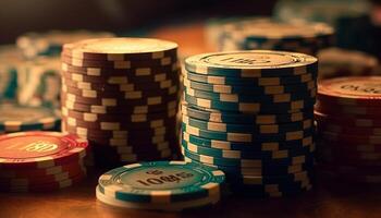 stapels van het gokken chips maken voor een geslaagd casino tafel gegenereerd door ai foto