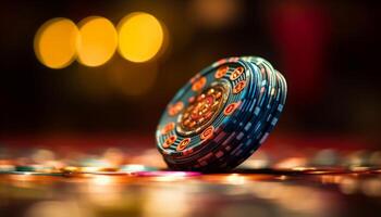 glimmend het gokken spaander stack gloeit in levendig casino nachtleven gegenereerd door ai foto