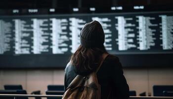 jong vrouw aan het wachten, bagage in slepen, voor instappen avontuur gegenereerd door ai foto