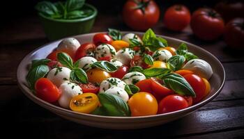 vers vegetarisch caprese salade met rijp kers tomaten en Mozzarella gegenereerd door ai foto