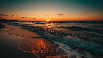 silhouet van romantiek, donker horizon over- rustig zeegezicht schoonheid gegenereerd door ai foto