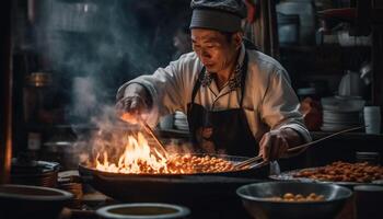 een Mens, een chef, vakkundig bereidt zich voor eigengemaakt Chinese keuken binnenshuis gegenereerd door ai foto