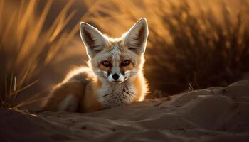 pluizig zoogdier oor in selectief focus, op zoek Bij camera gegenereerd door ai foto