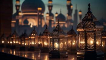 Ramadan viering verlicht beroemd blauw moskee in Dubai Bij schemer gegenereerd door ai foto