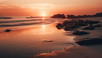 gouden horizon over- rustig wateren, een perfect zomer vakantie bestemming gegenereerd door ai foto